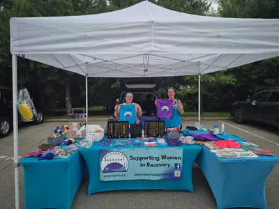 Custom Polyester Drawstring Bag - We are Welcome to Recovery Project a non-profit that serves to support people in early recovery from substance use disorder We were at the Barberton farmers market raising money to support our mission