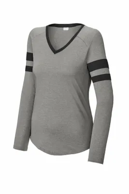 Sport-Tek Women's Halftime Stripe Long Sleeve V-Neck Tee LST6043 - Stealth Promo Co