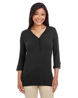 Devon & Jones Ladies' Perfect Fit Y-Placket Convertible Sleeve Knit Top - Stealth Promo Co