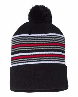 12" Striped Pom-Pom Cuffed Beanie - Stealth Promo Co