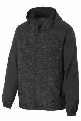 Sport-Tek Heather Colorblock Raglan Hooded Wind Jacket. JST40 - Stealth Promo Co