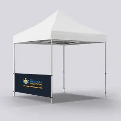 Half Left Wall Single Sided A white pop-up tent with a custom banner displaying 'Medical Solutions' and a logo for a trade show or similar event.