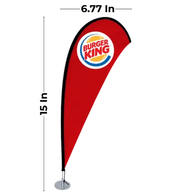 Teardrop (6.77 x 15 In) A teardrop-shaped promotional banner featuring the 'Burger King' logo stands upright, affixed to a base on a plain background.
