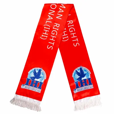 A red custom rally towel with white fringe, featuring a blue logo and the phrase 'HUMAN RIGHTS' printed in white letters on it. A red custom rally towel with white fringe, featuring a blue logo and the phrase 'HUMAN RIGHTS' printed in white letters on it.