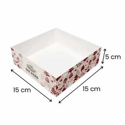 15 x 15 x 5 cm Caja de cartón con tapa abierta, diseñada a medida, con motivos florales y el texto "PACKHARD" en los laterales, sobre fondo liso.
