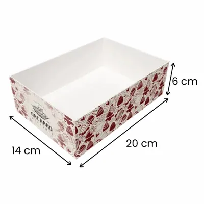 20 x 14 x 6 cm Una caja de cartón personalizada con interior blanco y un dibujo de langostas rojas en el exterior, colocada en diagonal para su exposición.