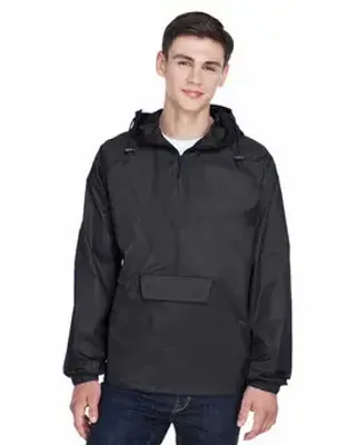 UltraClub Adult Quarter-Zip Hooded Pullover Pack-Away Jacket - Stealth Promo Co