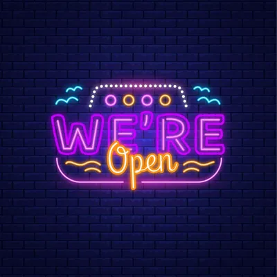 We're Open with Wave Lines Neon Sign - Stealth Promo Co