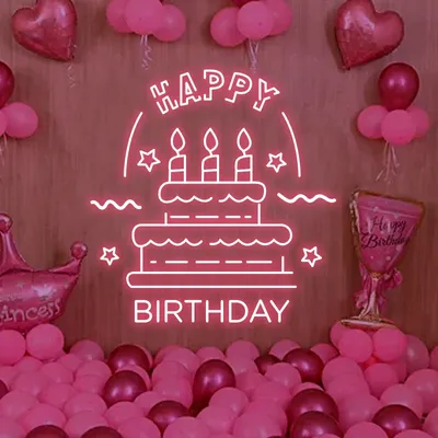 Big Happy Birthday Text with Cake Neon Sign - Stealth Promo Co