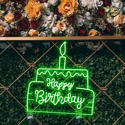 Happy Birthday Text in Big Cake Neon Sign - Stealth Promo Co