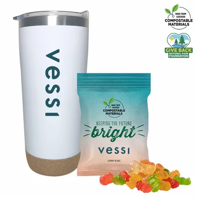 Cork Base Double Wall Tumbler with Compostable bag of Gummy Bears - Stealth Promo Co
