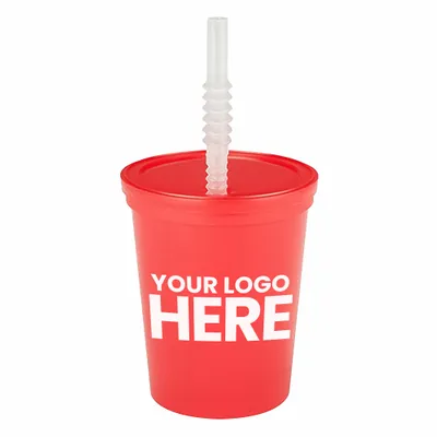 16 oz. Plastic Stadium Cups with Lid and Straw - Stealth Promo Co