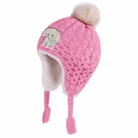 Cutesy Pom Acrylic Kid Beanies with Earflaps - Stealth Patches