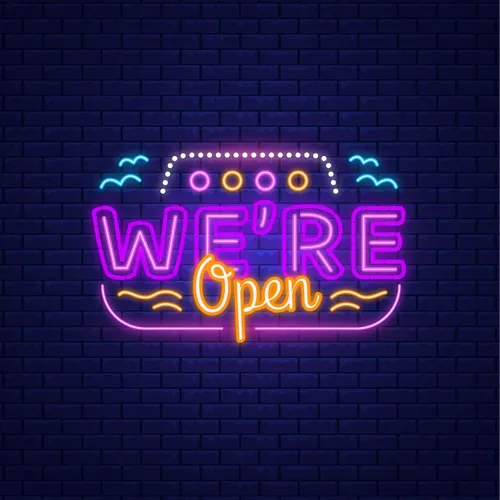 We're Open with Wave Lines Neon Sign - Custom Pro Prints