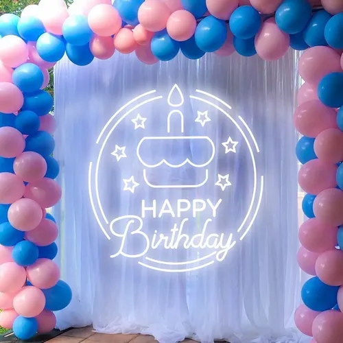 Happy Birthday Cake in Circle Neon Sign - Custom Pro Prints