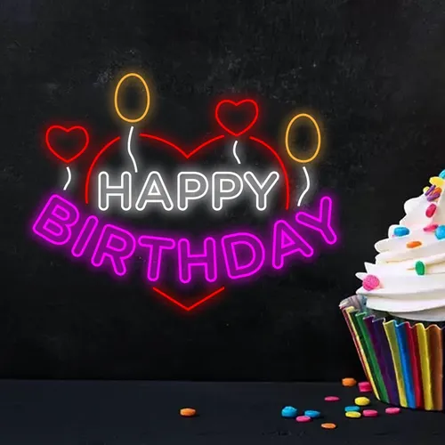 Happy Birthday Heart and Balloon Neon Sign - Custom Pro Prints