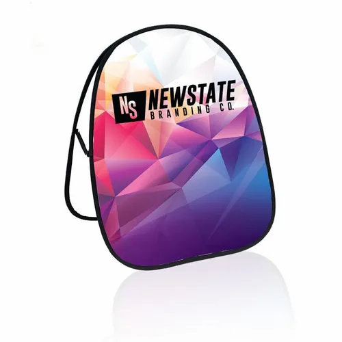 The image shows a custom-branded pop-up trade show display banner with a colorful geometric design and the text 'NEWSTATE BRANDING CO.'