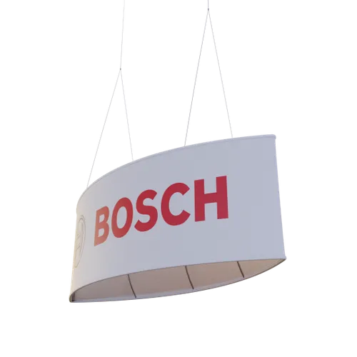 This is a hanging trade show display with the word 'BOSCH' printed in red on a white background, designed to stand out in an exhibition environment.