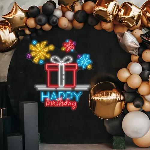 Happy Birthday with a Gift Box Neon Sign - Custom Pro Prints