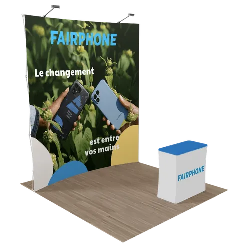 Présentoir incurvé Pop-up Personnalisé pour salons professionnels 3 m x 3 m - Imprint Now - FR