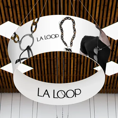 Bannière suspendue circulaire fuselée pour salon professionnel - Imprint Now - FR