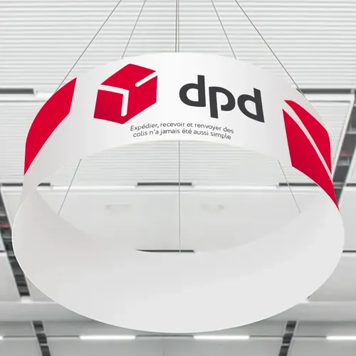 Bannière circulaire suspendue pour salons professionnels - Imprint Now - FR