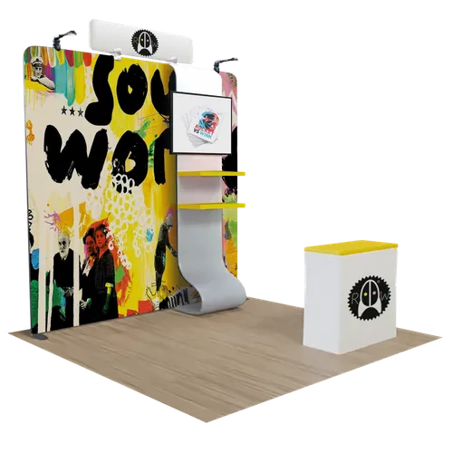 Individuelles Messedisplay Mediendisplay mit TV-Ständer 3 m x 3 m - Imprint Now - DE