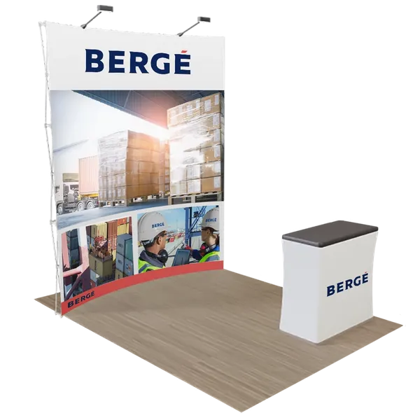 Trade show display featuring a backdrop and counter with LEGO branding, promoting an interactive building experience with icons product line.