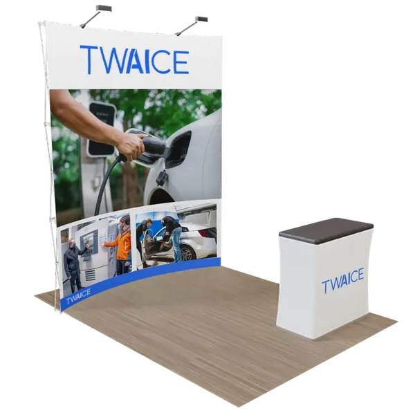 Trade show display featuring a backdrop and counter with LEGO branding, promoting an interactive building experience with icons product line.