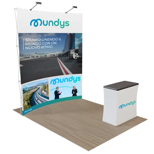 Trade show display featuring a backdrop and counter with LEGO branding, promoting an interactive building experience with icons product line.