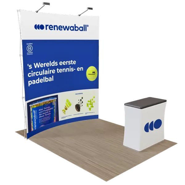 Trade show display featuring a backdrop and counter with LEGO branding, promoting an interactive building experience with icons product line.