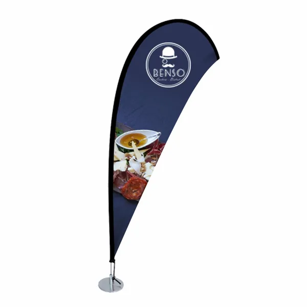 Three vertical promotional banners stand side by side, displaying different brand logos and designs on a plain background. The banners are commonly used for marketing at events or locations.