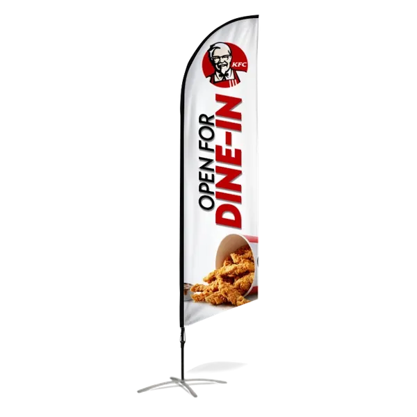 A vertical banner with the KFC logo and text 'OPEN FOR DINE-IN,' featuring an image of fried chicken, mounted on a metal stand.