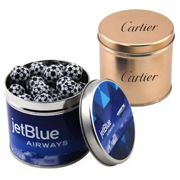 Round Tin with Chocolate Soccer Balls - SBF4100 - Challenge Coin Now