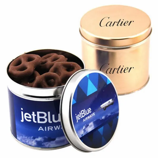 Round Tin with Choc Covered Pretzels - Custom Pro Prints