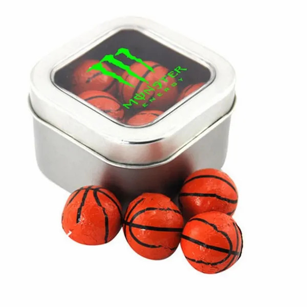 Window Tin with Chocolate Basketballs - SBF2500 - Challenge Coin Now