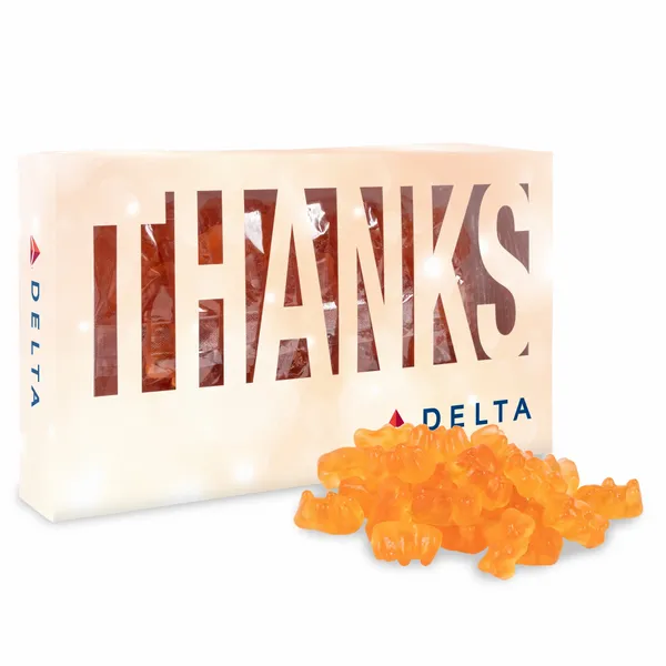 Thanks Die Cut Box with Champagne Gummy Bears - Challenge Coin Now