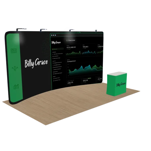 Gepersonaliseerde Gebogen Zip Up Trade Show Display 6,1 m x 2,4 m - Imprint Now - NL