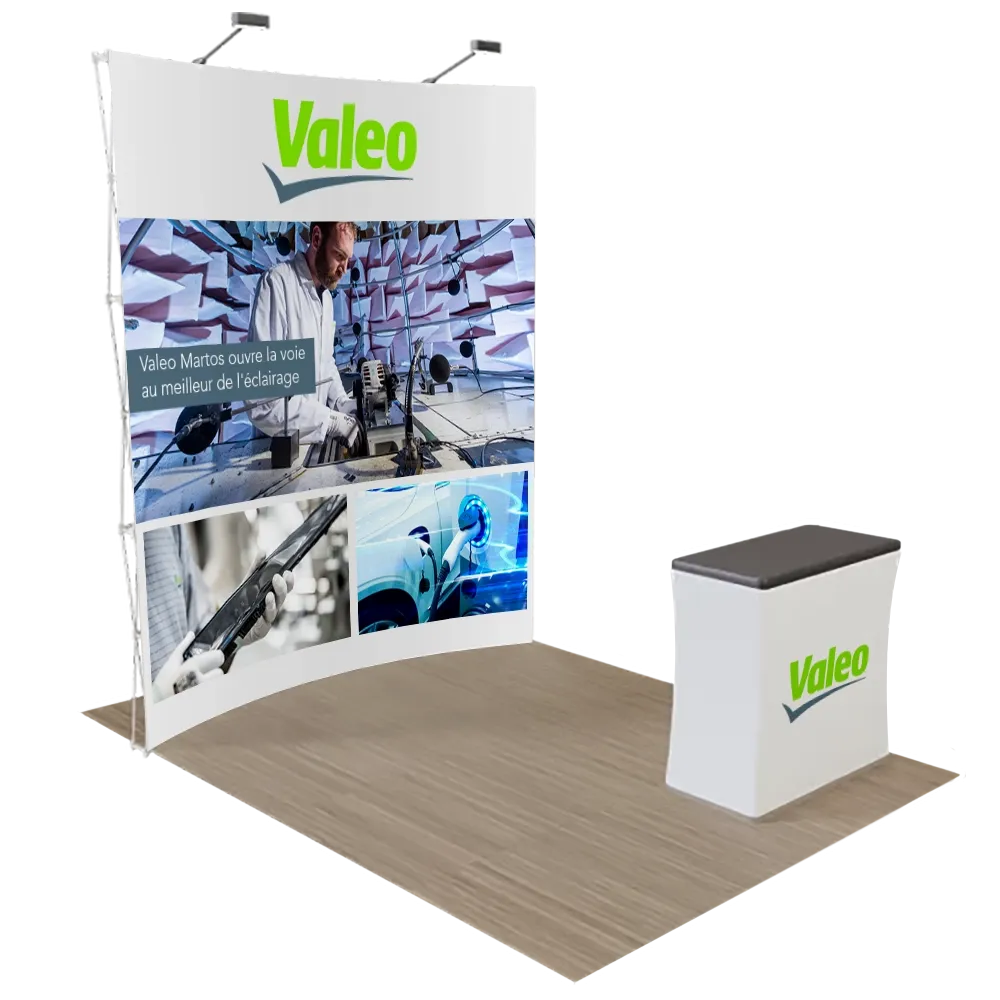 Présentoir courbé Pop-Up personnalisé pour salons professionnels 2,4 m x 2,4 m - Imprint Now - FR